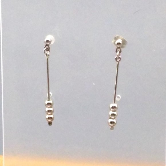 Minimalist Dangle Bar Earrings, Vintage Silver Tone Beaded Drop Studs - Picture 1 of 4